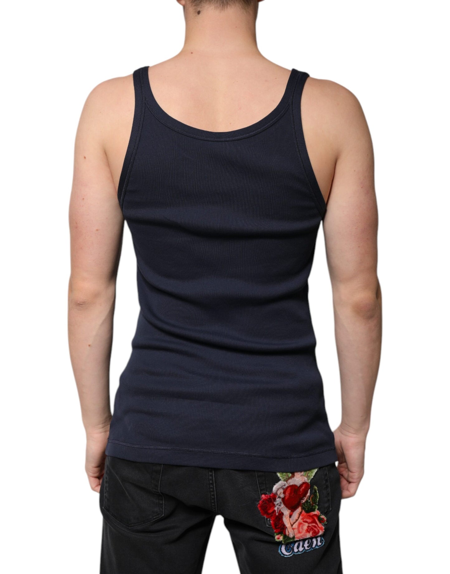 Dolce & Gabbana Blaues ärmelloses Baumwoll-Tank-T-Shirt mit Rundhalsausschnitt