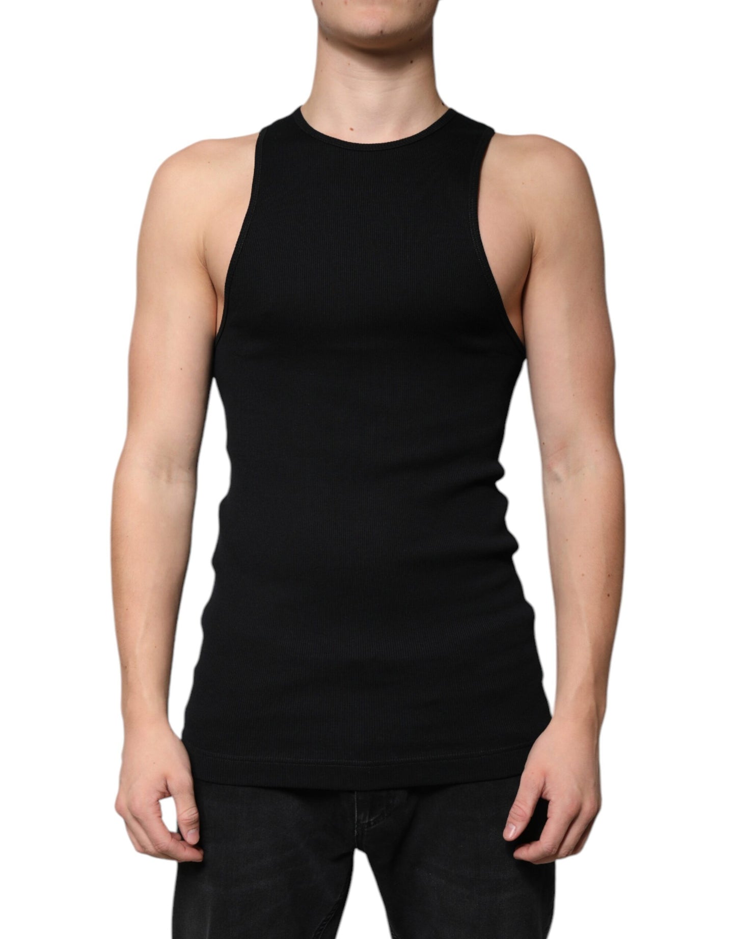 Dolce & Gabbana Schwarzes ärmelloses Baumwoll-Tank-T-Shirt mit Rundhalsausschnitt