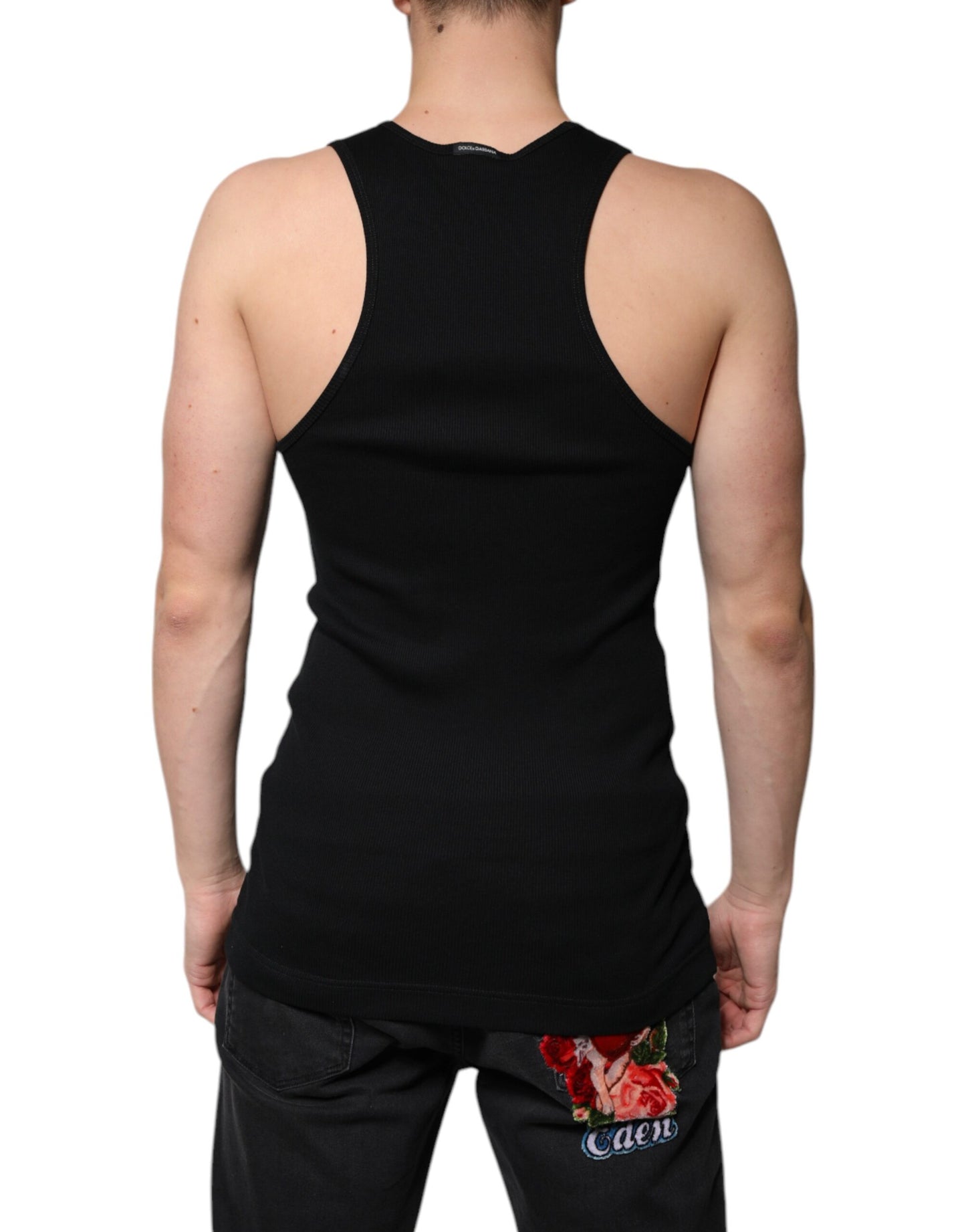 Dolce & Gabbana Schwarzes ärmelloses Baumwoll-Tank-T-Shirt mit Rundhalsausschnitt