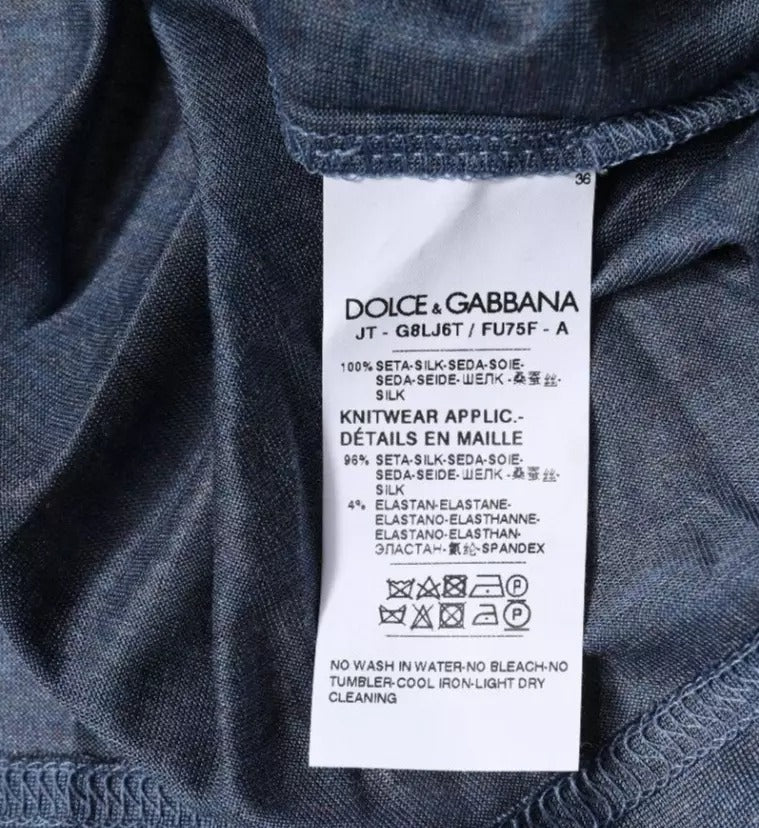 Dolce & Gabbana Blaues Seiden-T-Shirt mit Rundhalsausschnitt und kurzen Ärmeln