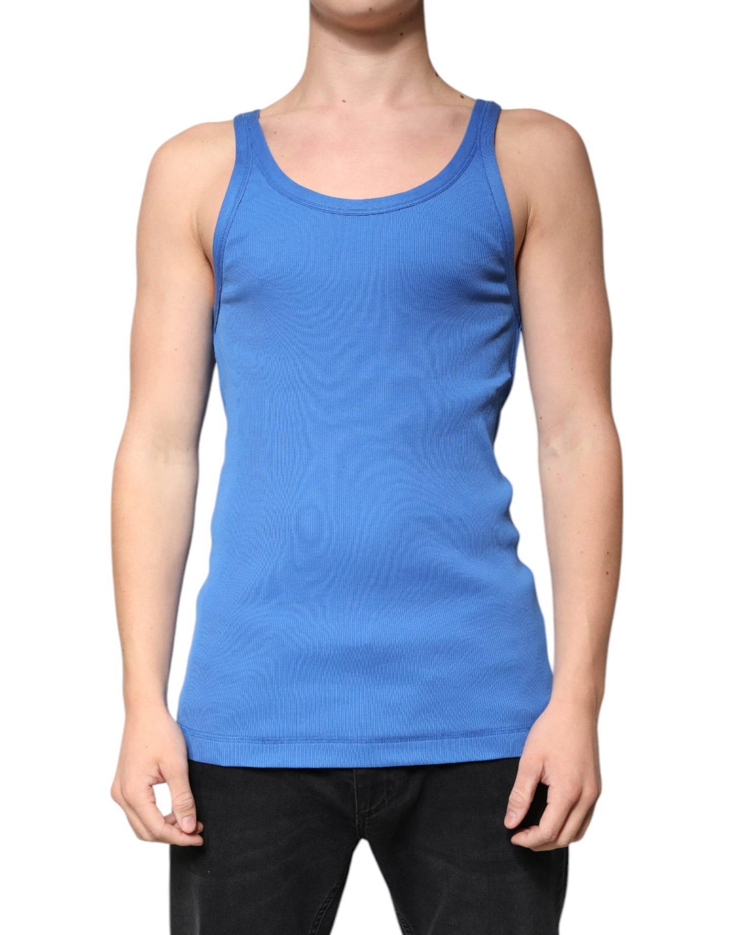 Dolce & Gabbana Blaues ärmelloses Baumwoll-Tank-T-Shirt mit Rundhalsausschnitt