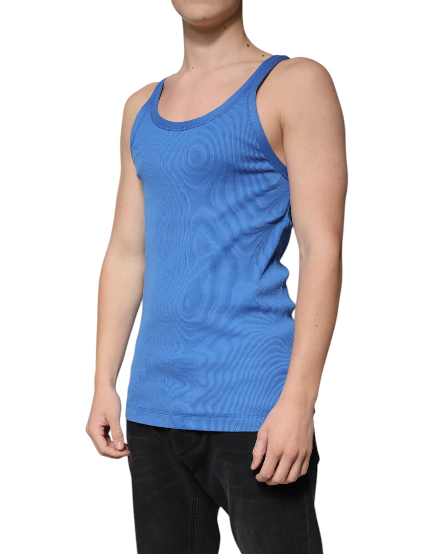 Dolce & Gabbana Blaues ärmelloses Baumwoll-Tank-T-Shirt mit Rundhalsausschnitt