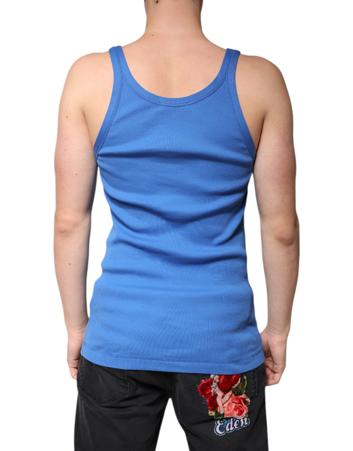 Dolce & Gabbana Blaues ärmelloses Baumwoll-Tank-T-Shirt mit Rundhalsausschnitt