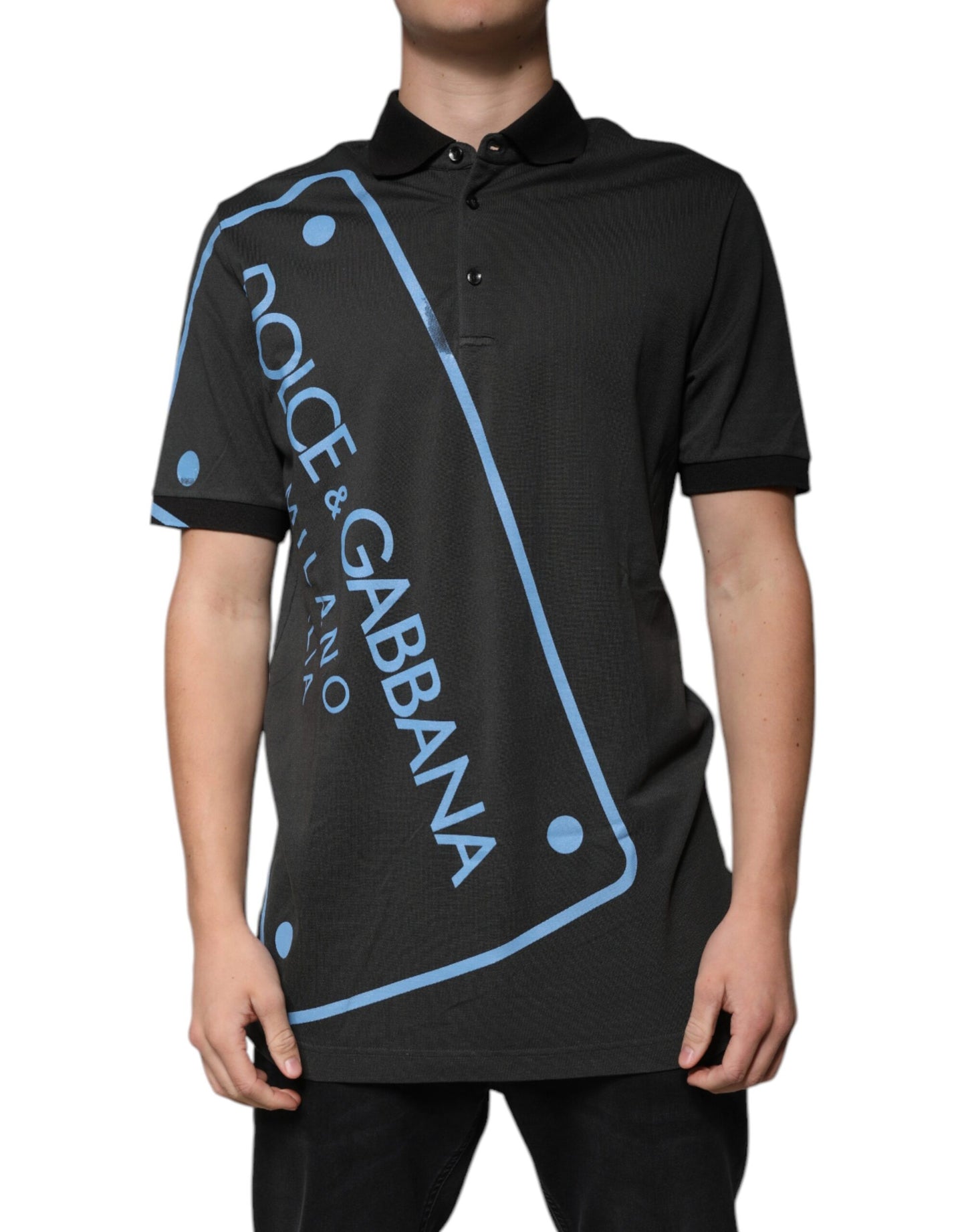 Dolce & Gabbana Schwarzes Polo-T-Shirt mit Logodruck und Kragen aus Baumwolle