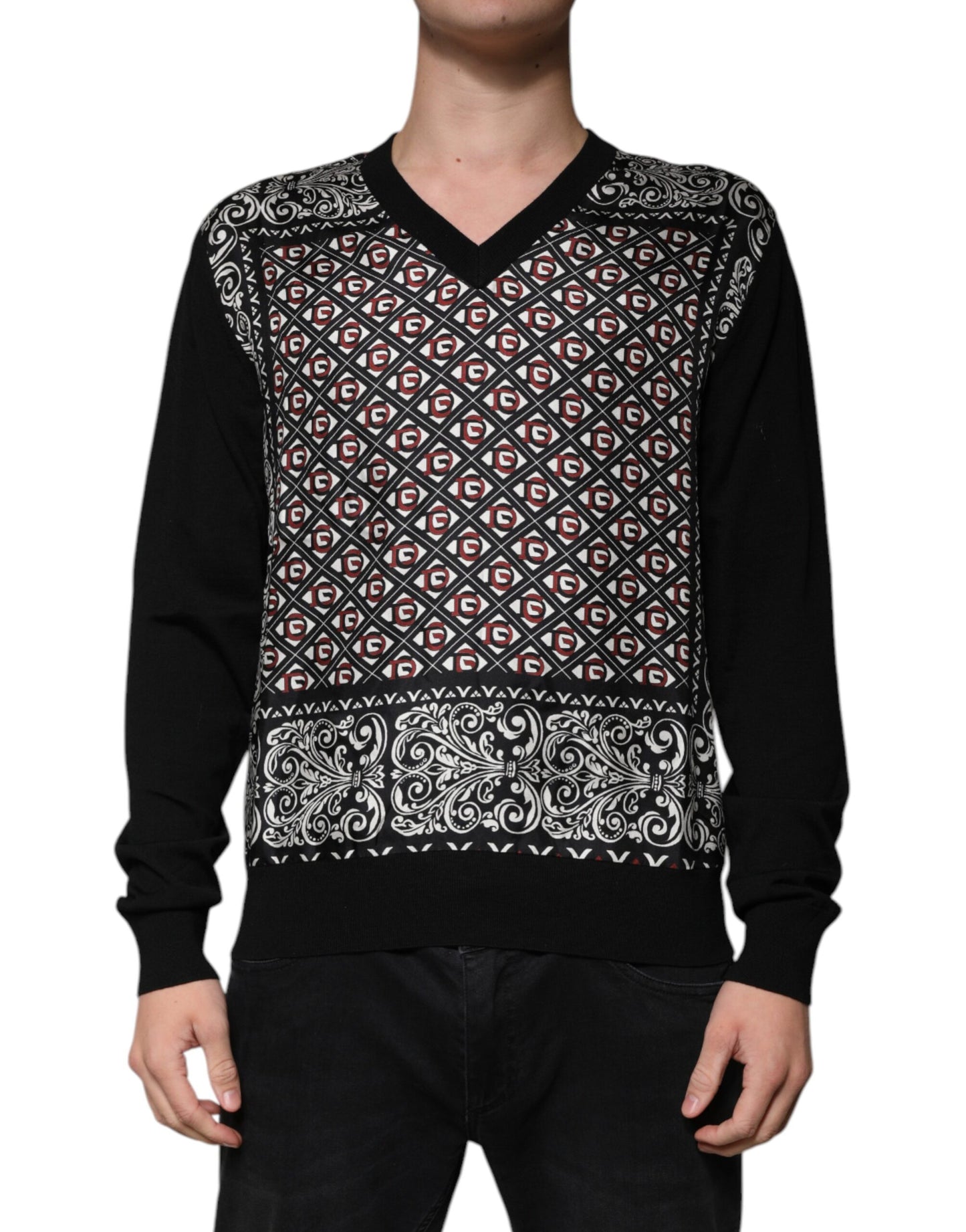 Dolce & Gabbana Schwarzer Logo-Wollpullover mit V-Ausschnitt