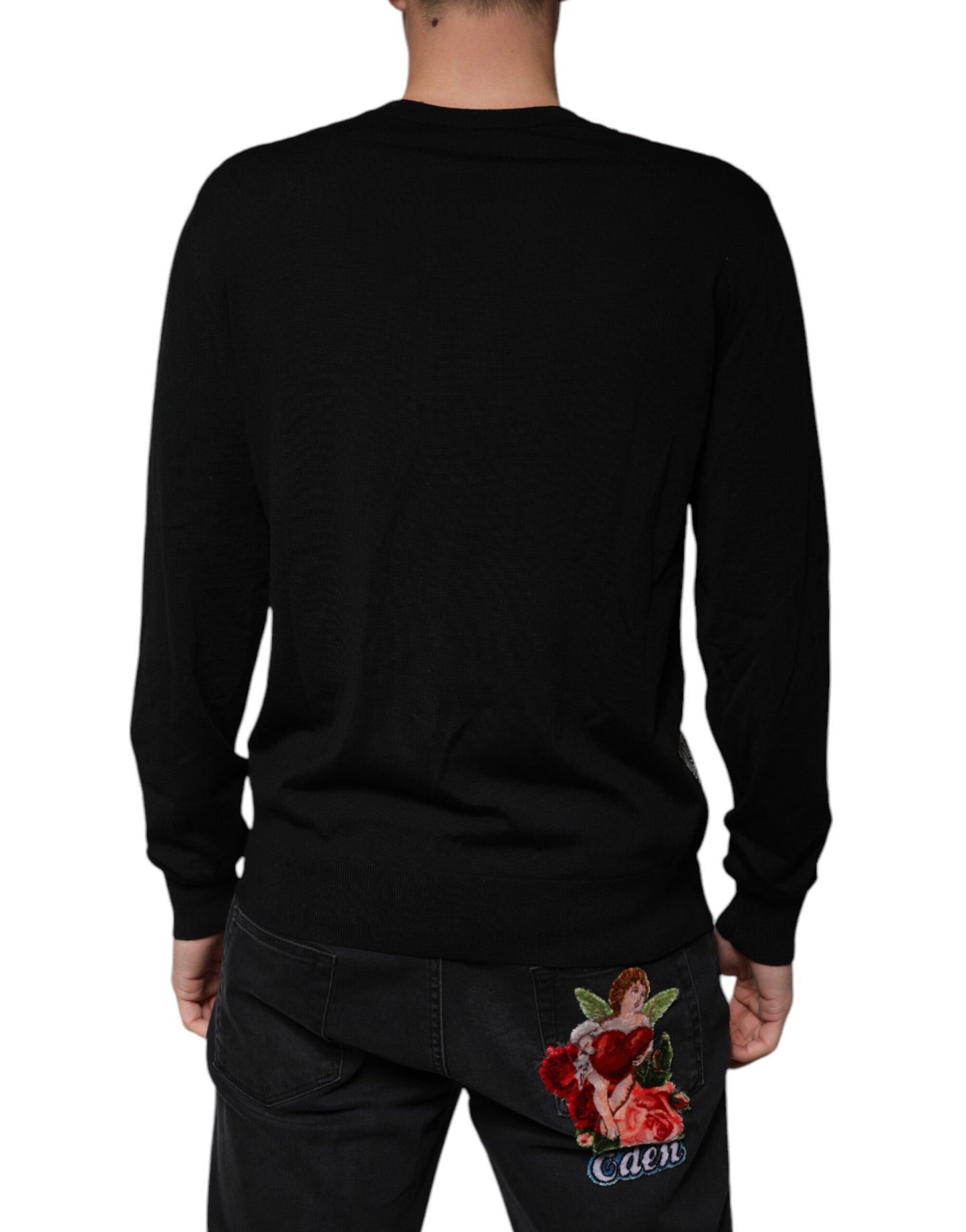 Dolce & Gabbana Schwarzer Logo-Wollpullover mit V-Ausschnitt