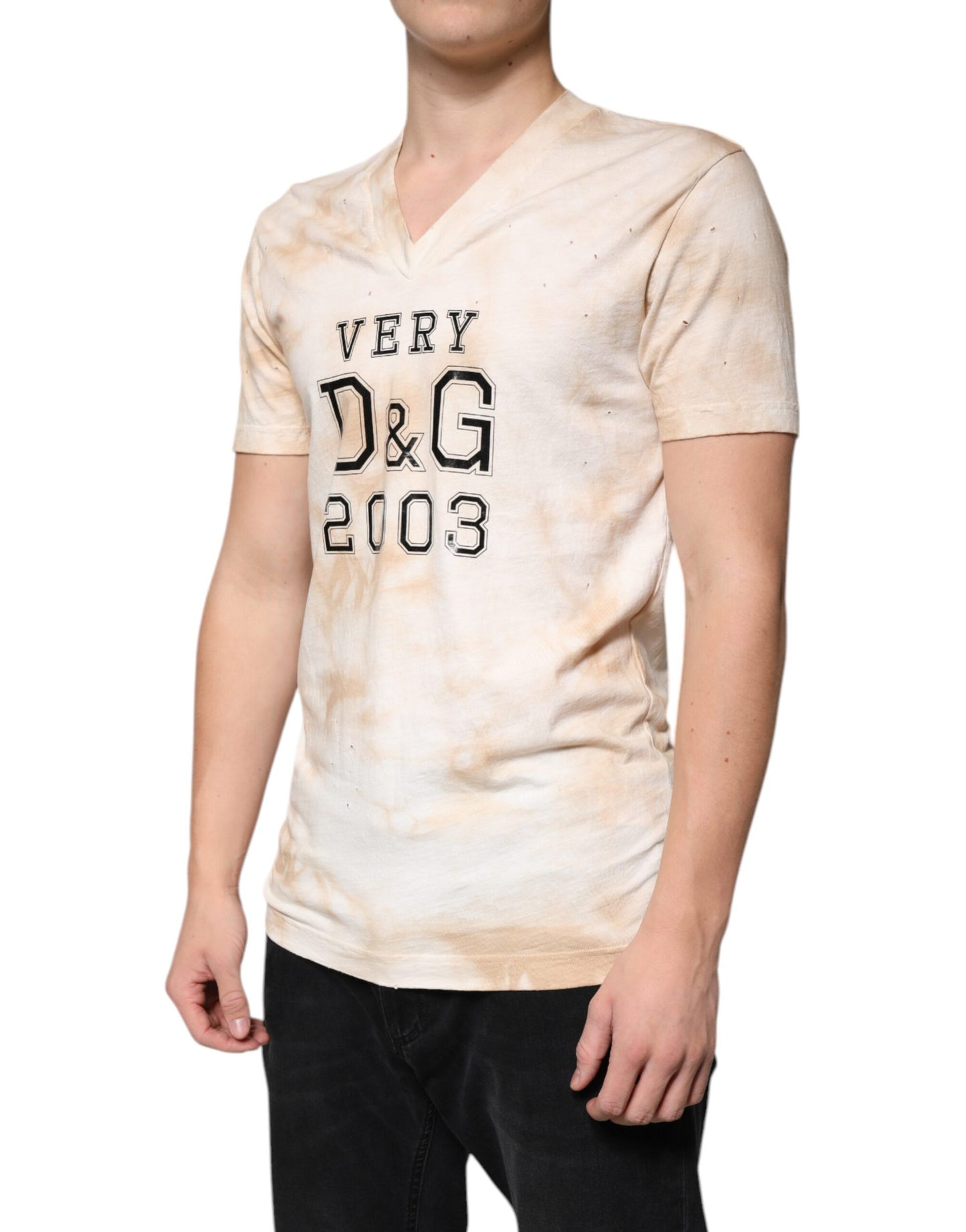 Dolce & Gabbana Beigefarbenes T-Shirt mit V-Ausschnitt aus Baumwolle mit Grafikdruck