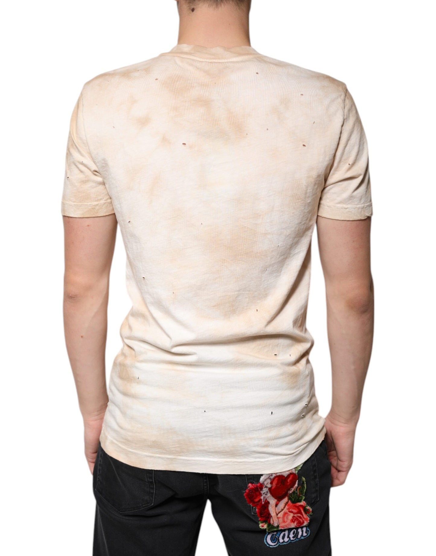 Dolce & Gabbana Beigefarbenes T-Shirt mit V-Ausschnitt aus Baumwolle mit Grafikdruck