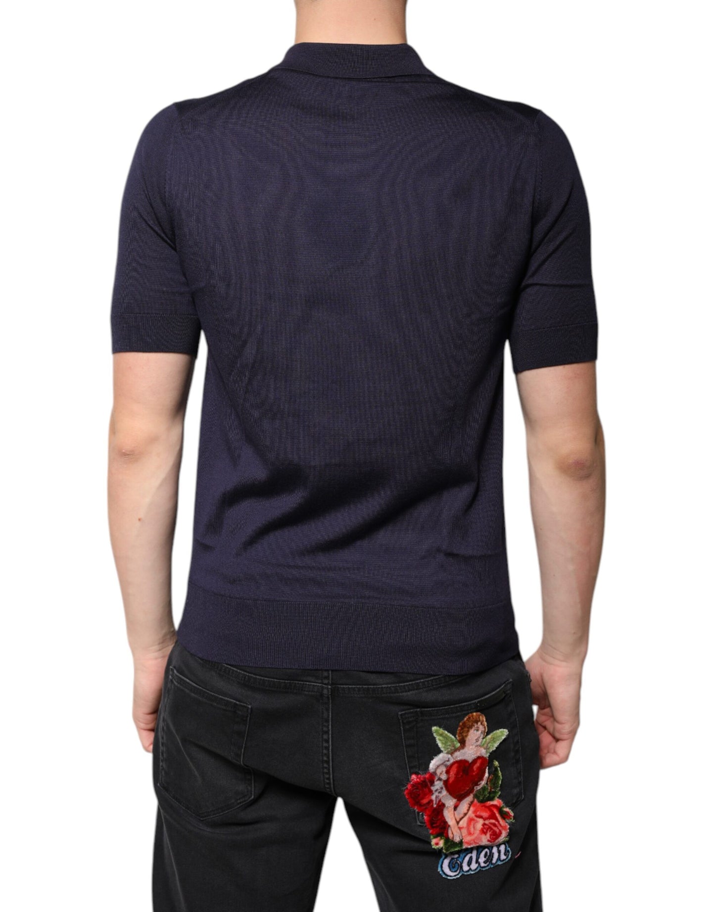 Dolce & Gabbana Blaues Seidenkragen-Polo-T-Shirt mit kurzen Ärmeln