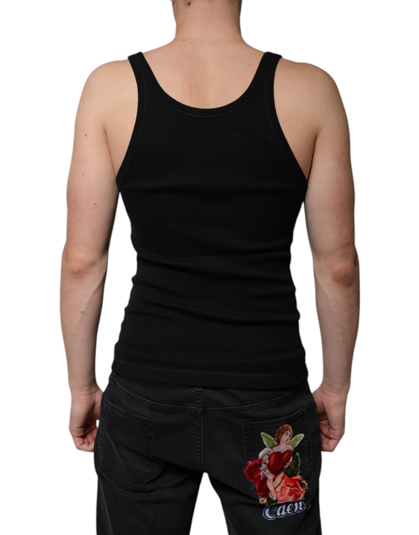 Dolce & Gabbana Schwarzes ärmelloses Baumwoll-Tank-T-Shirt mit Rundhalsausschnitt