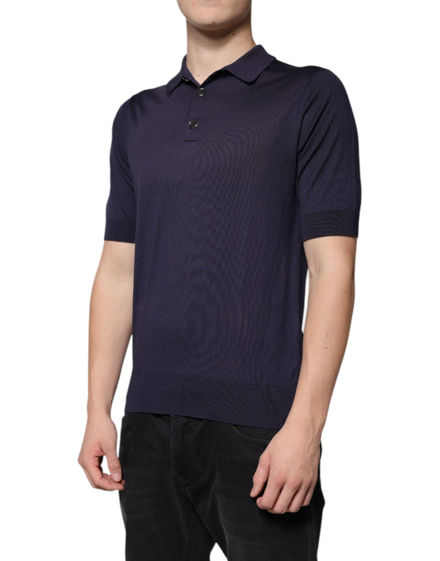 Dolce & Gabbana Blaues Seidenkragen-Polo-T-Shirt mit kurzen Ärmeln