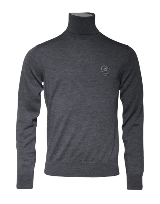 Dolce & Gabbana Grauer Logo-Rollkragenpullover aus Wolle