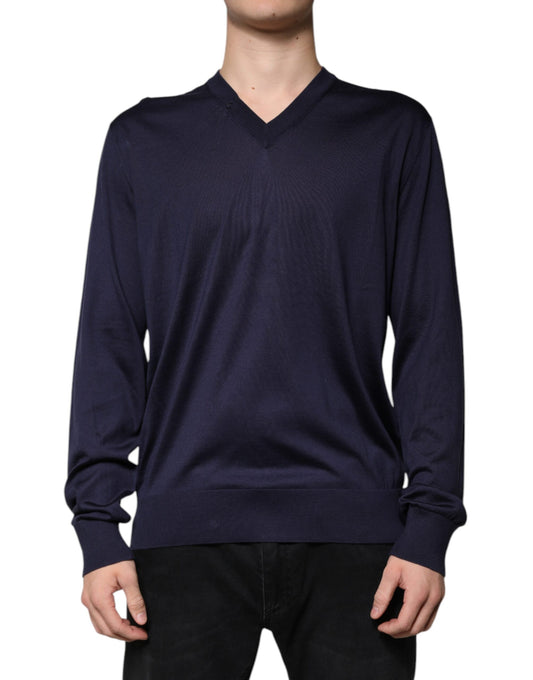 Dolce &amp; Gabbana Navy Blue Silk V-neck Pullover Sweater