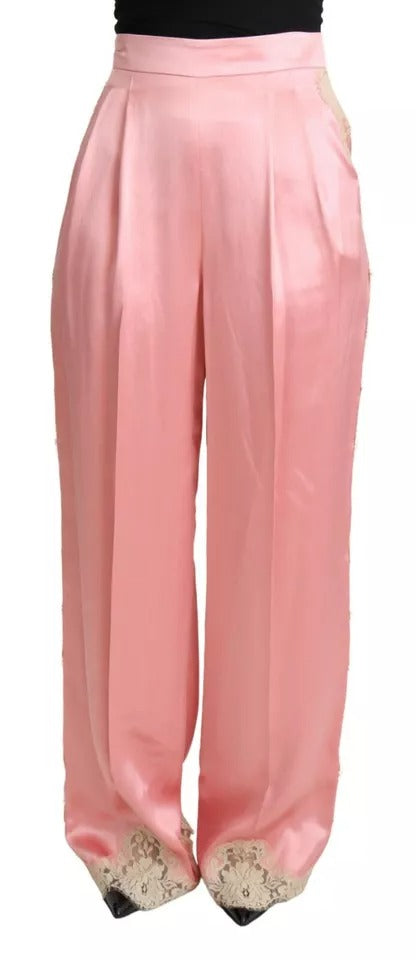 Dolce &amp; Gabbana Pink Lace Trimmed Silk Satin Wide Legs Pants