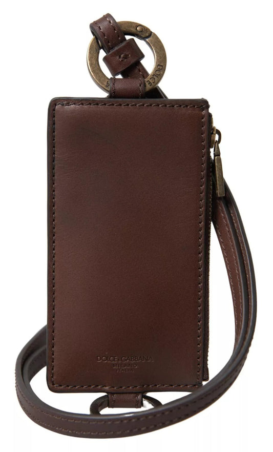 Dolce & Gabbana Brown Leather Lanyard Logo Card Holder Men Wallet