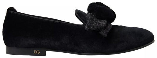 Dolce &amp; Gabbana Black Velvet Flats Bow Young Queen -kengät