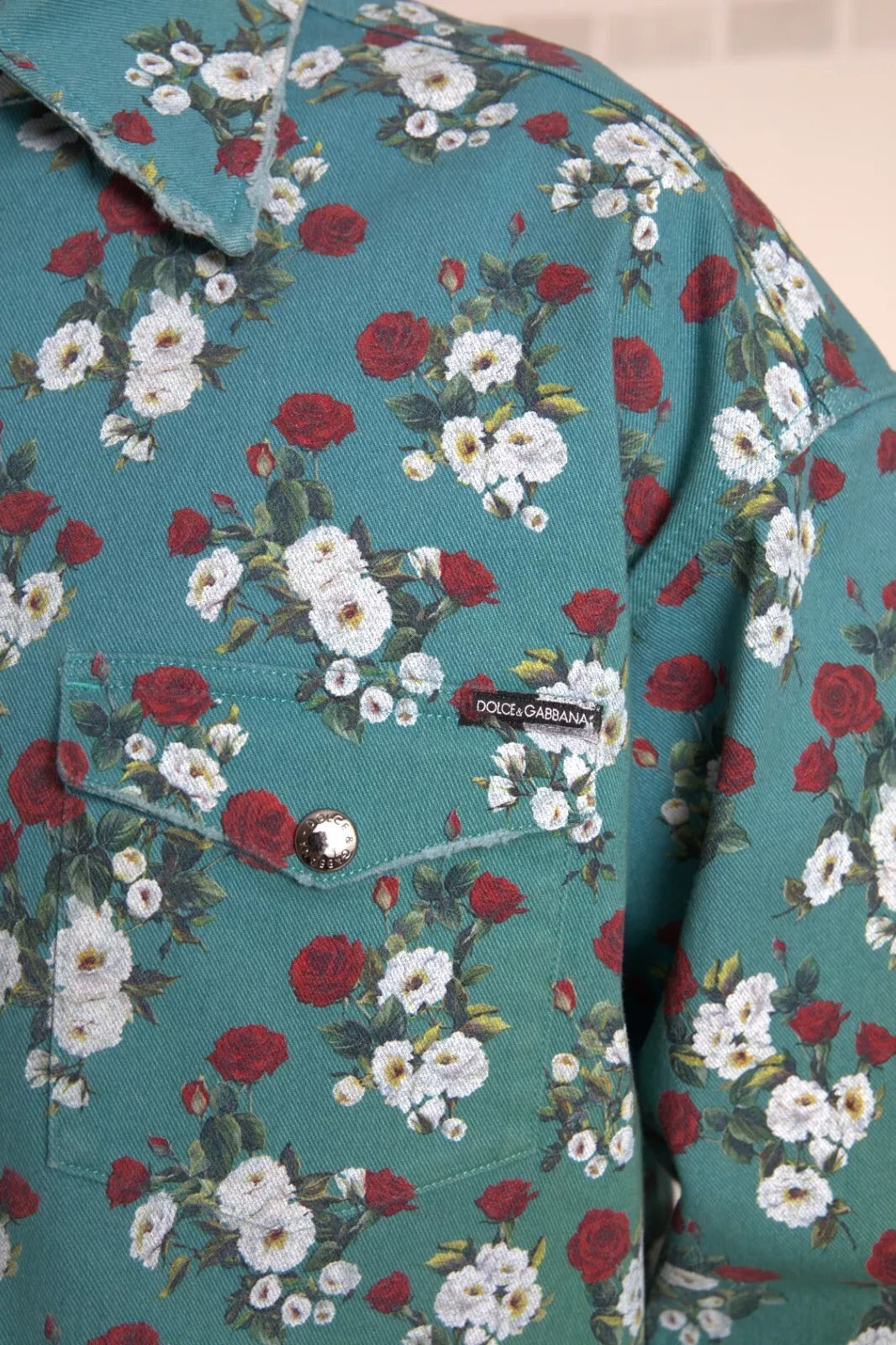 Dolce &amp; Gabbana Blue floral cotton shirt with denim button placket