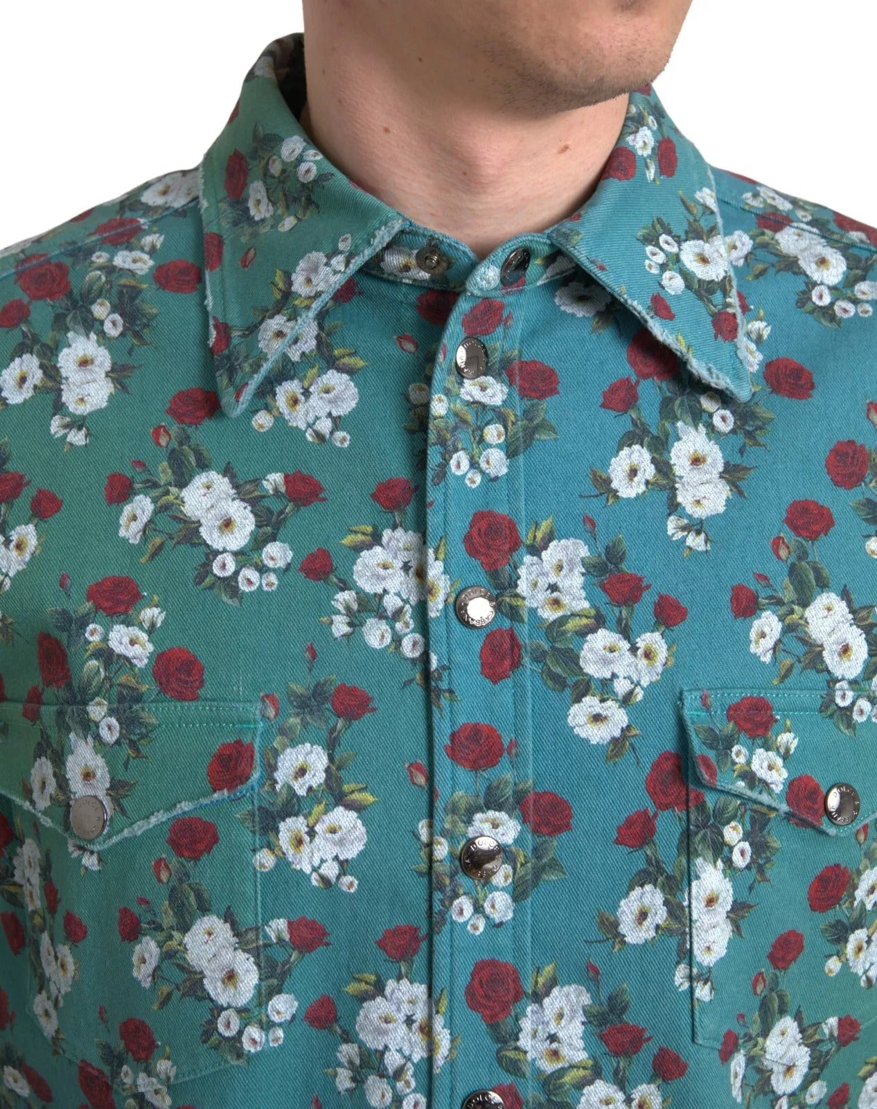 Dolce &amp; Gabbana Blue floral cotton shirt with denim button placket
