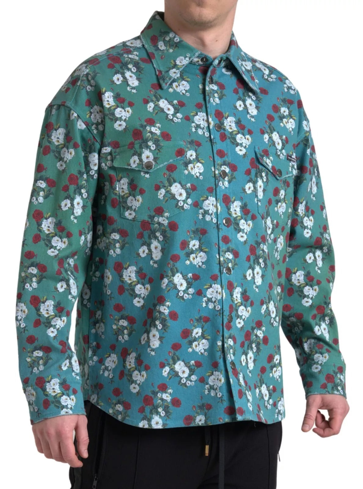 Dolce &amp; Gabbana Blue floral cotton shirt with denim button placket