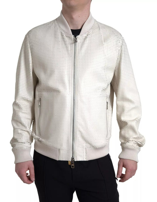 Dolce &amp; Gabbana Off White LeatherPerforated Full Zip Jacket