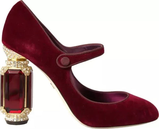 Dolce & Gabbana Rot Samt Gold Kristalle Heels Mary Janes Schuhe