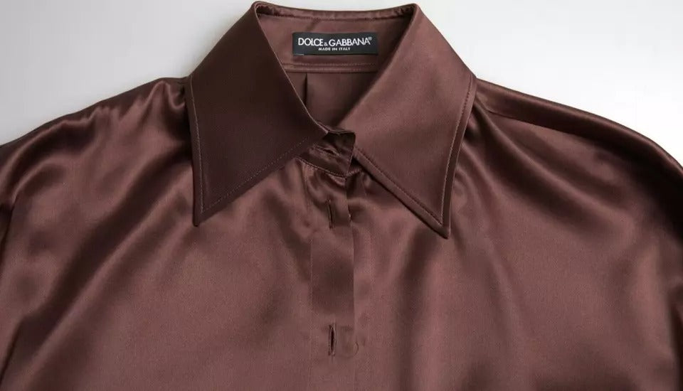 Dolce &amp; Gabbana Brown Silk Collared Long Sleeves Top Blouse