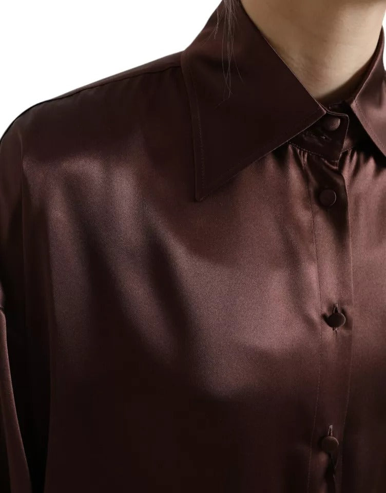 Dolce &amp; Gabbana Brown Silk Collared Long Sleeves Top Blouse