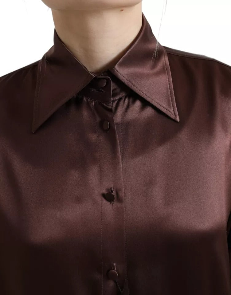 Dolce &amp; Gabbana Brown Silk Collared Long Sleeves Top Blouse