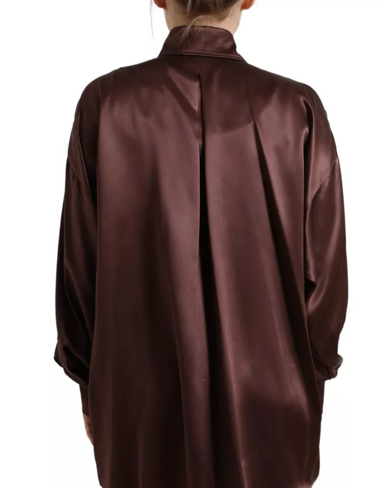 Dolce &amp; Gabbana Brown Silk Collared Long Sleeves Top Blouse