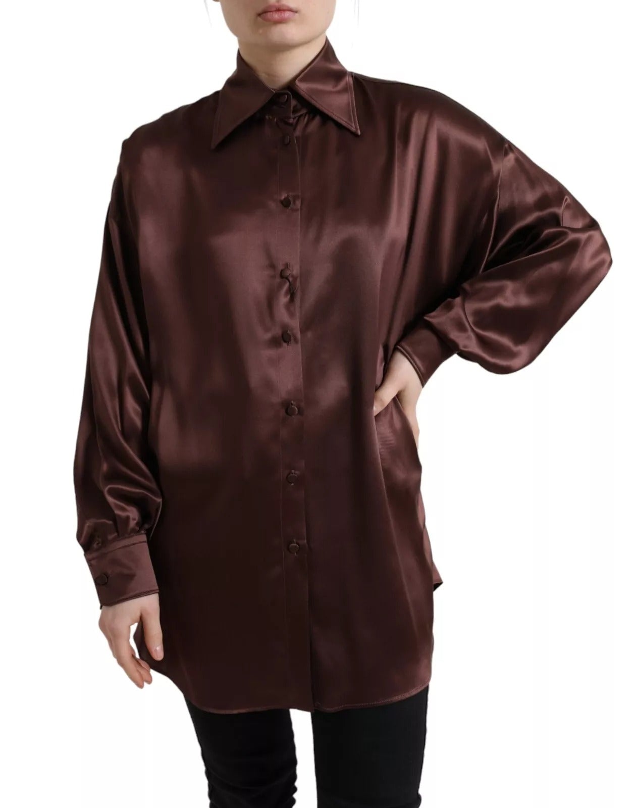 Dolce &amp; Gabbana Brown Silk Collared Long Sleeves Top Blouse