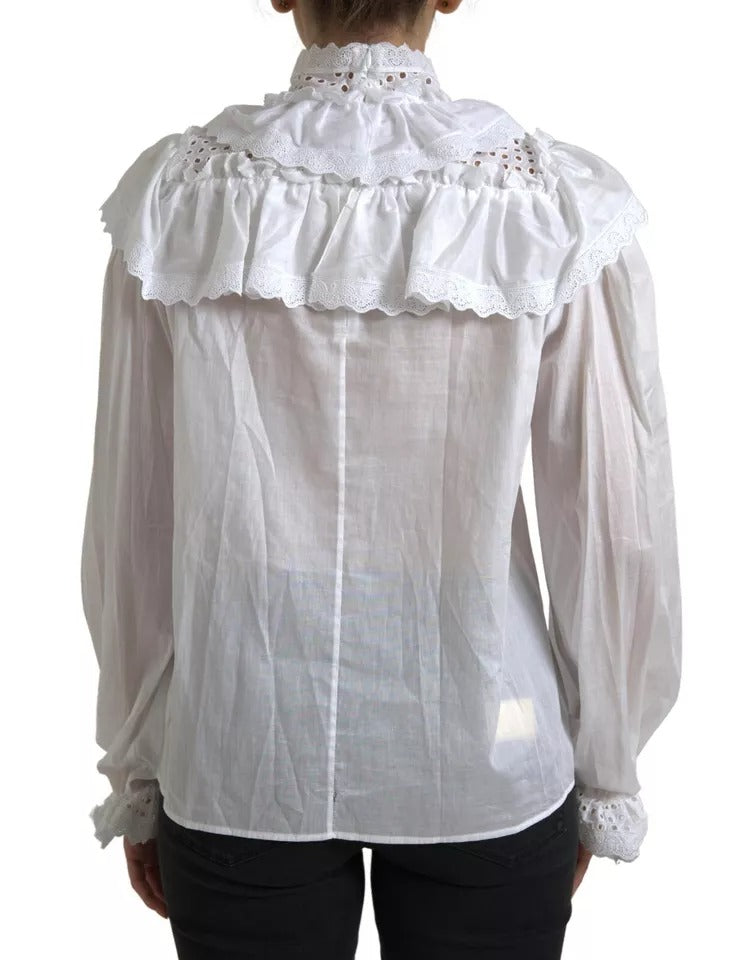 Dolce &amp; Gabbana White Cotton Lace Trim Turtle Neck Blouse