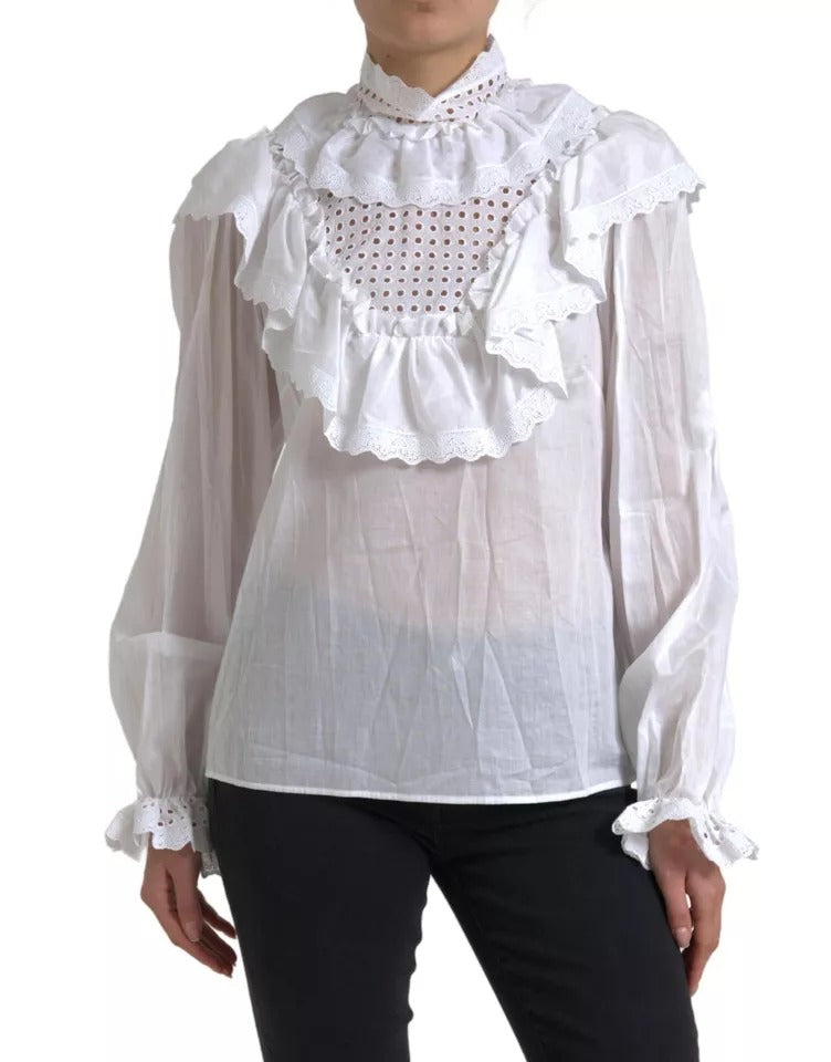 Dolce &amp; Gabbana White Cotton Lace Trim Turtle Neck Blouse