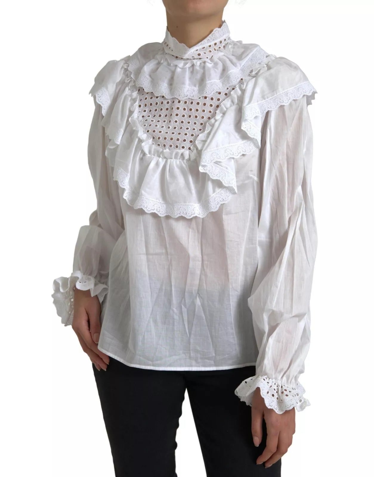 Dolce &amp; Gabbana White Cotton Lace Trim Turtle Neck Blouse