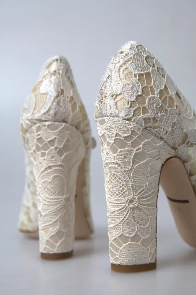 Dolce &amp; Gabbana White Lace Crystals Heels Sandals Shoes