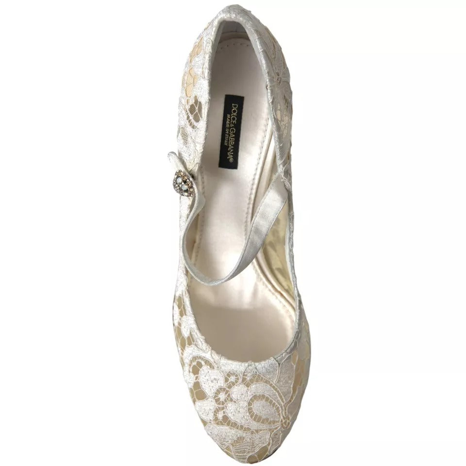 Dolce &amp; Gabbana White Lace Crystals Heels Sandals Shoes