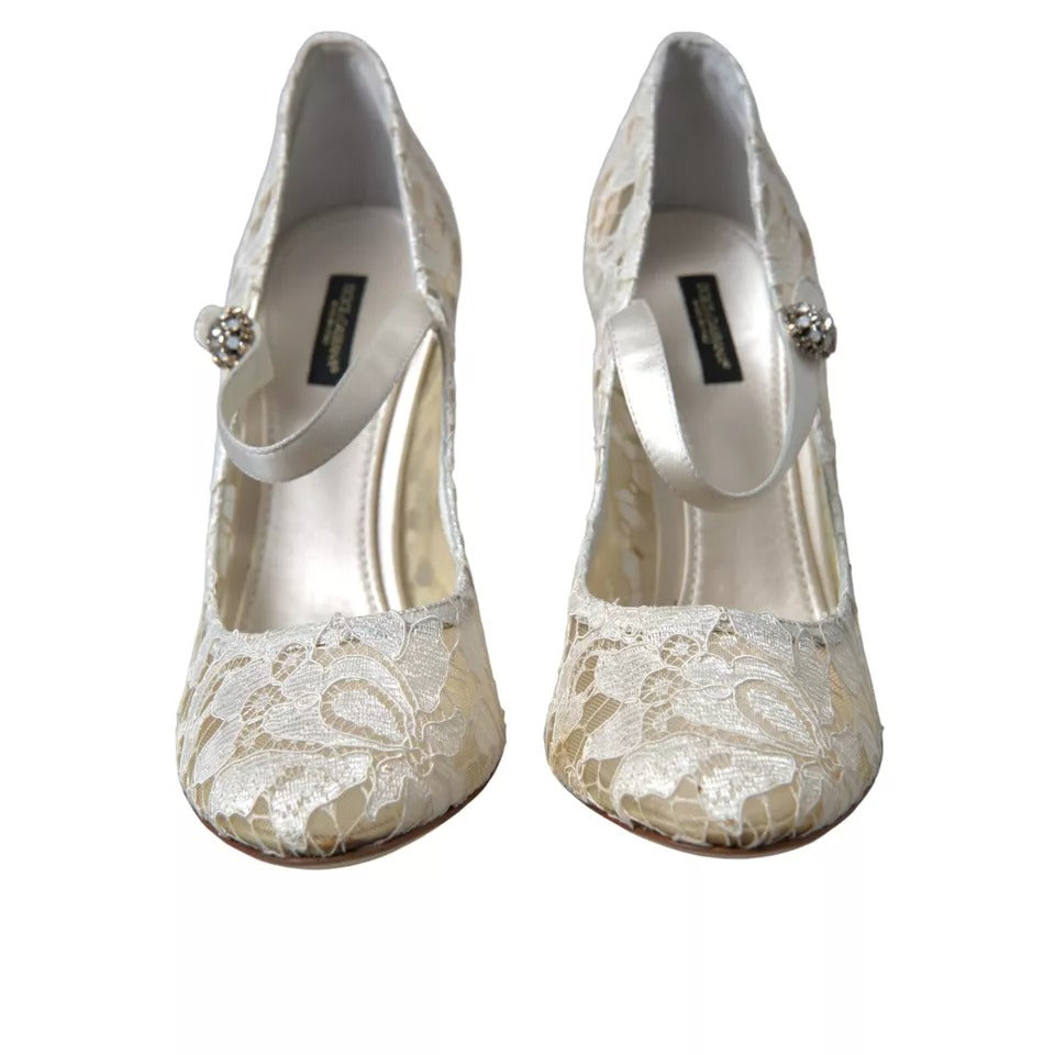 Dolce &amp; Gabbana White Lace Crystals Heels Sandals Shoes