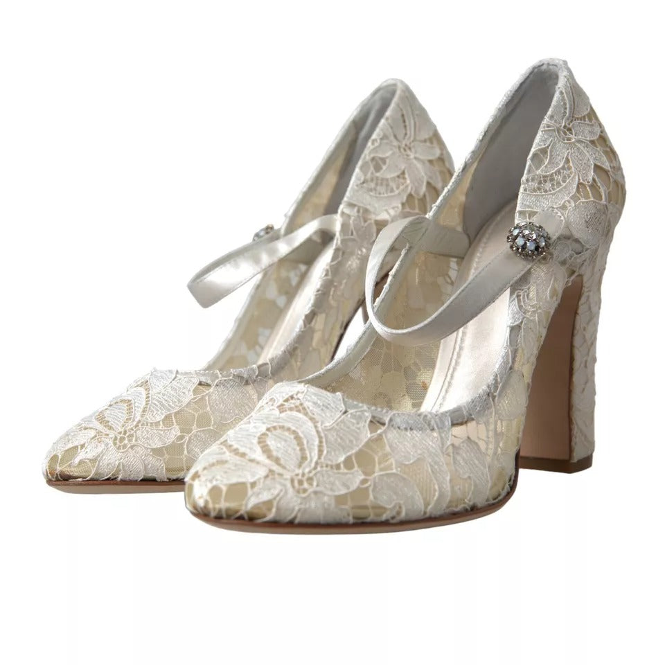 Dolce &amp; Gabbana White Lace Crystals Heels Sandals Shoes