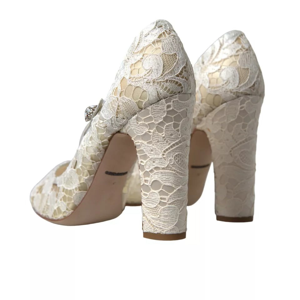 Dolce &amp; Gabbana White Lace Crystals Heels Sandals Shoes