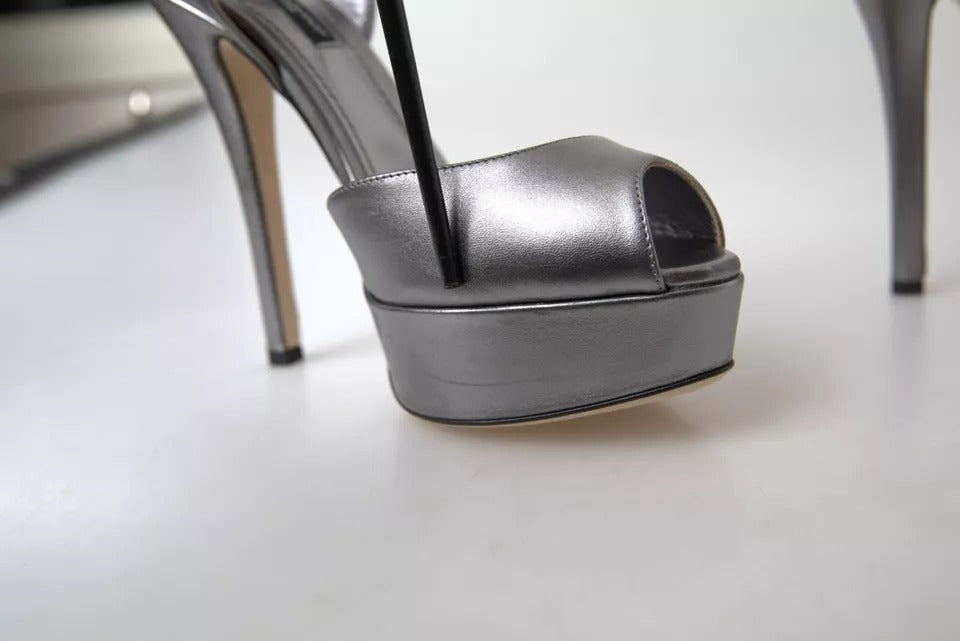 Dolce &amp; Gabbana Silver Leather Platform Heels Sandals Shoes