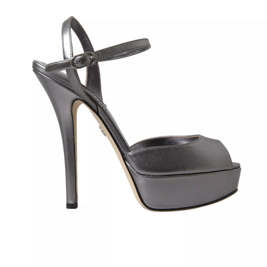 Dolce &amp; Gabbana Silver Leather Platform Heels Sandals Shoes