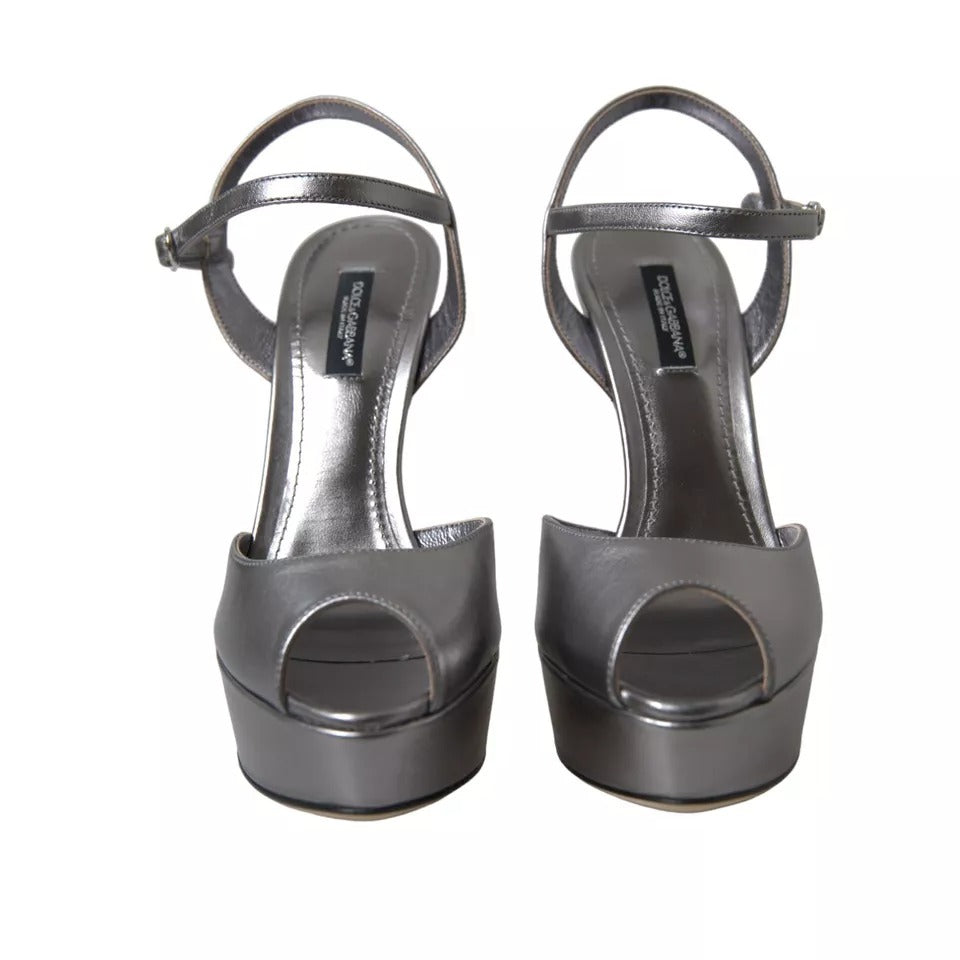 Dolce &amp; Gabbana Silver Leather Platform Heels Sandals Shoes