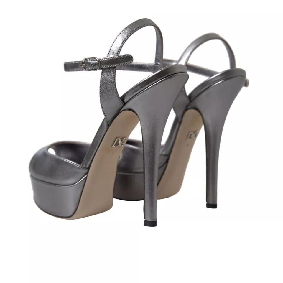 Dolce &amp; Gabbana Silver Leather Platform Heels Sandals Shoes