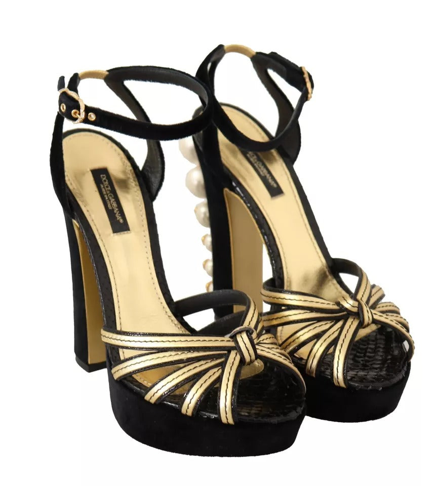 Dolce & Gabbana Black Gold Bianca Faux Pearl Sandals