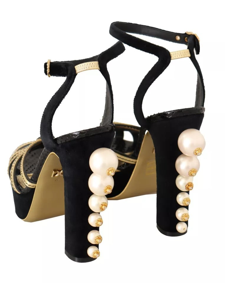 Dolce & Gabbana Black Gold Bianca Faux Pearl Sandals