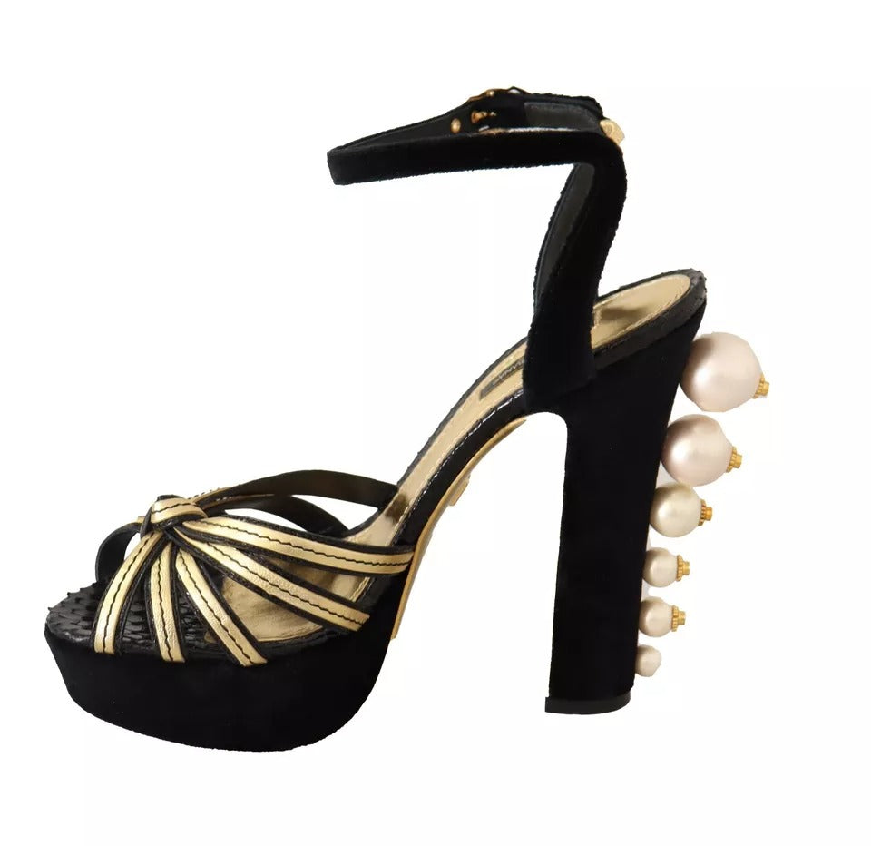 Dolce & Gabbana Black Gold Bianca Faux Pearl Sandals