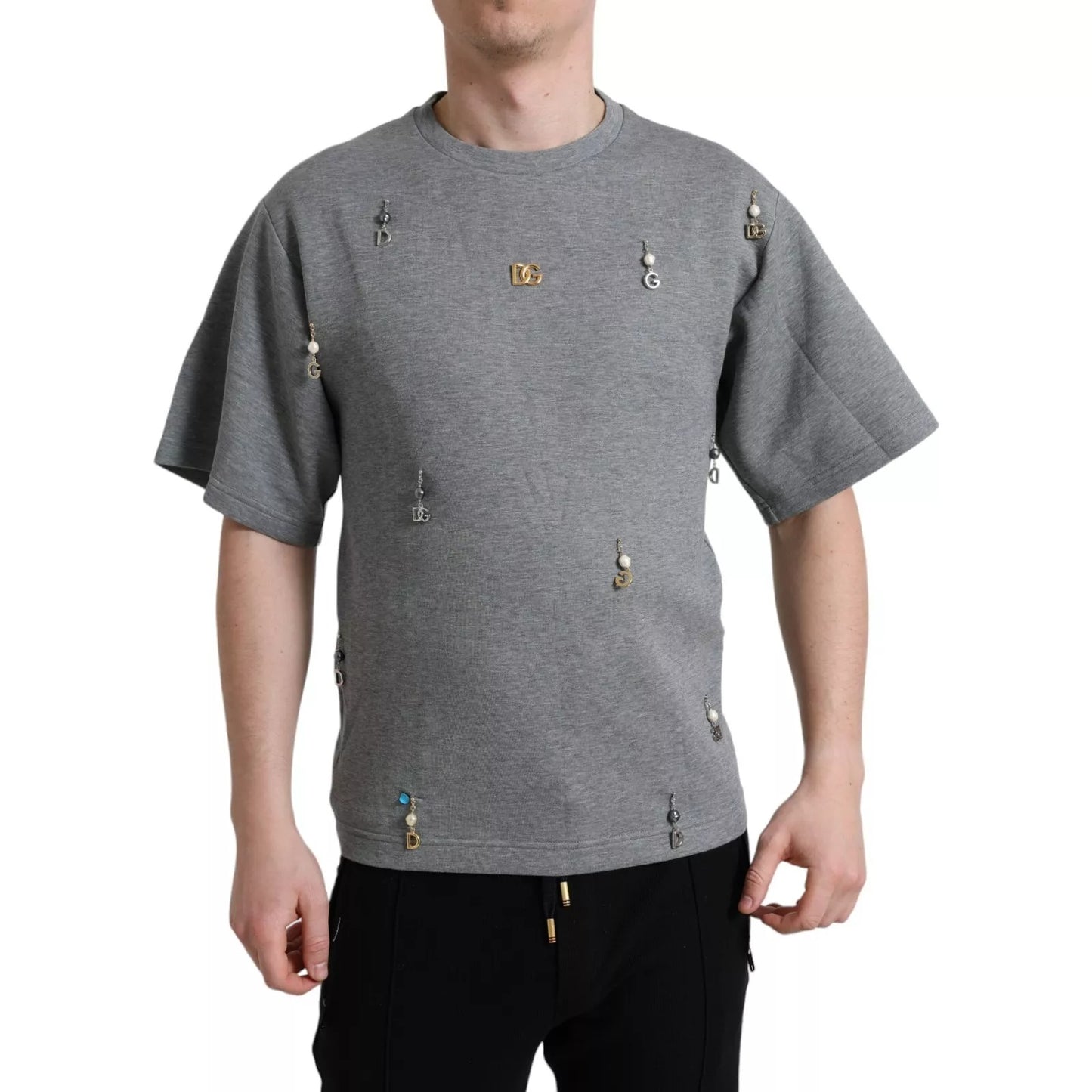 Dolce & Gabbana Gray Cotton Embellished Crew Neck  T-shirt