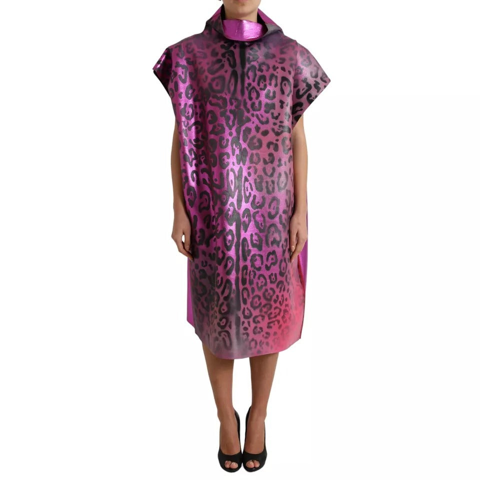 Dolce & Gabbana Pink Leopard Print Polyester Shift Midi Dress