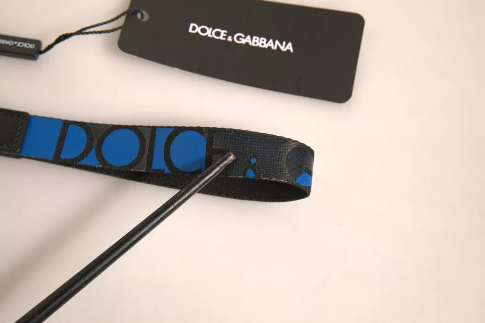 Dolce & Gabbana Blaues Logo Polyester Silber Messing Halter Schlüsselanhänger Schlüsselring