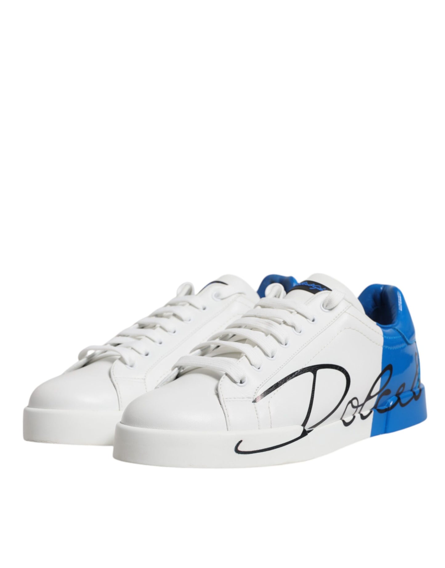 Dolce & Gabbana White Blue Portofino Leather Sneakers Shoes