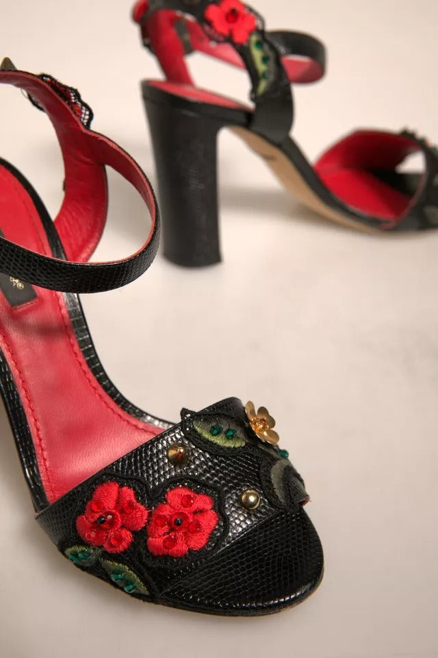 Dolce & Gabbana Schwarze geprägte Nelkensandalen Schuhe mit Absatz